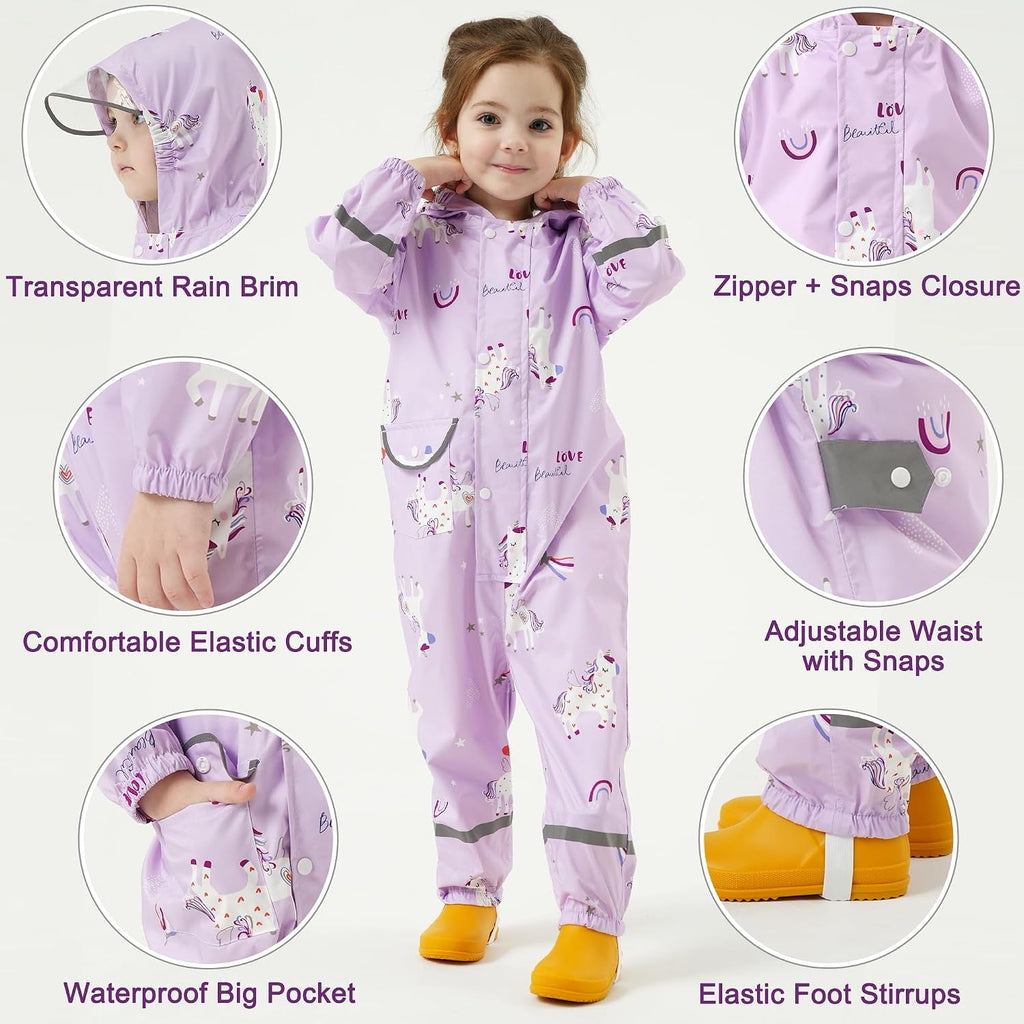 Kids Rain Suit Toddler Girls Raincoats One Piece Hoodie Cartoon Rain Gear Coverall Waterproof Rainwear