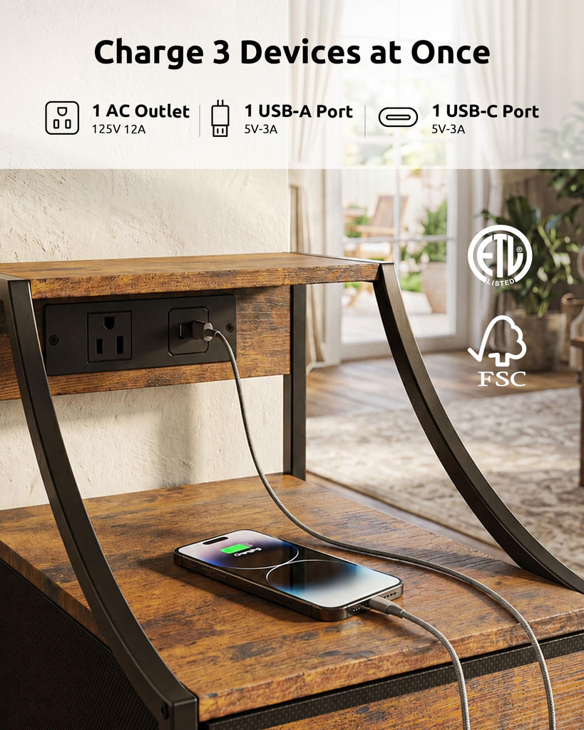 Narrow Nightstand with Charging Station
