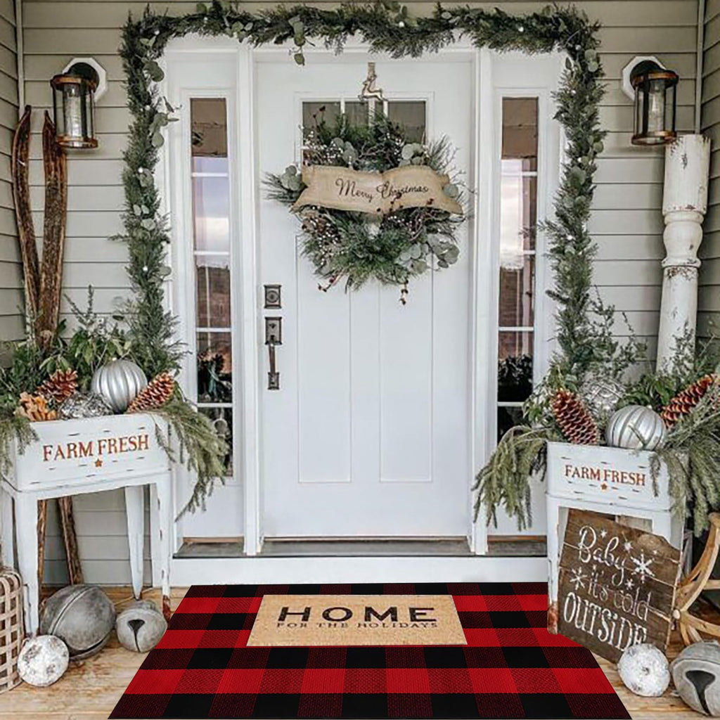 Christmas Door Mat Outdoor 27.5"x43" Buffalo Plaid Christmas Decor Rug Cotton Hand-Woven Layered Door Mats Washable