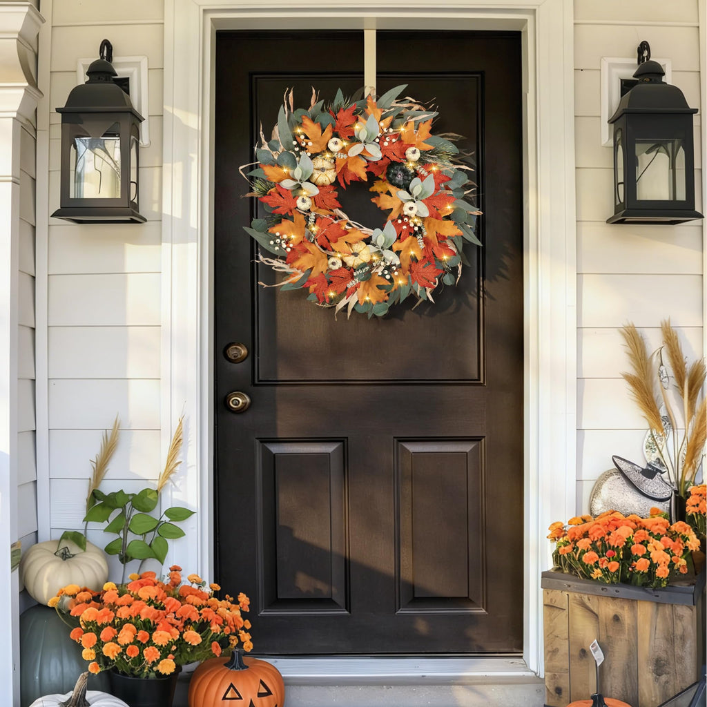 Realistic Fall Wreath with Lights/Timer 24 inch Fall Wreaths for Front Door with Pumpkins Autumn Wreath for