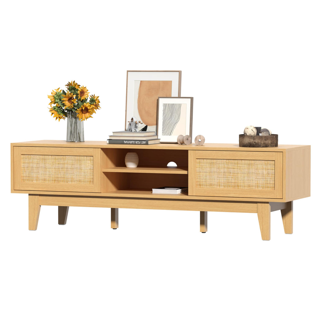 Oak Boho TV Stand for 55-70 inch, Entertainment Center with Rattan Design