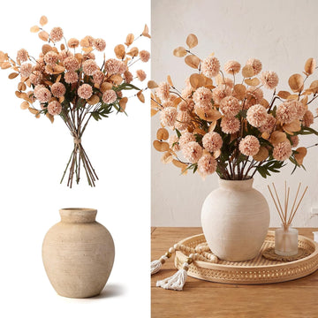 12 Stems of Artificial Flower with 7.5 Inch Rustic Ceramic Vase Vintage Vase Mums Kiku Eucalyptuses Floral