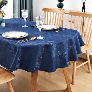 Shiny Oval Jacquard Tablecloth 60 x 102 Inch Navy Blue