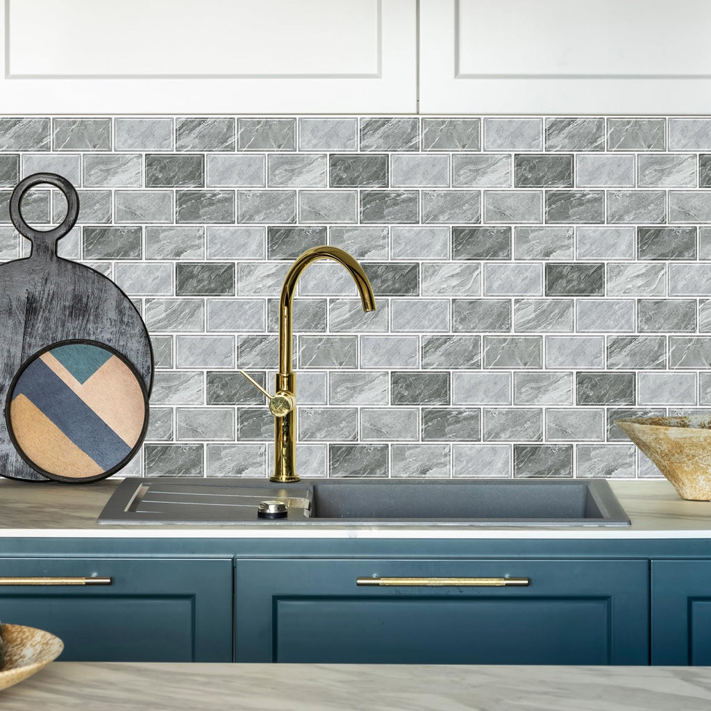 10-Sheet Stick on Backsplash ,12"x12" Peel and Stick Self Adhesive Wall Tiles Back Splashes Light Gray Marble Look