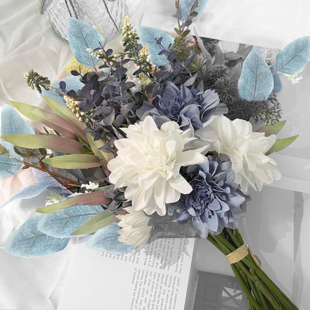 Blue White Fake Artificial Flowers Bouquet, Silk Floral Arrangements - Set of 11