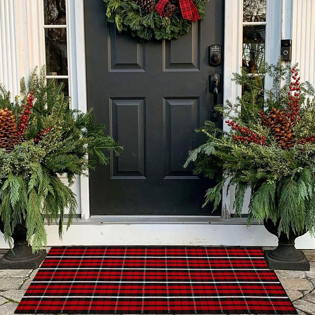 Christmas Door Mat Buffalo Plaid Outdoor Rug Christmas Decor Welcome Rug Cotton Hand-Woven Layered Door Mats for