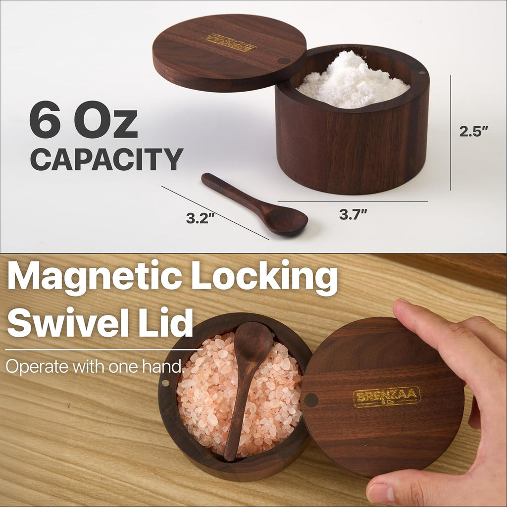 Natural Wood Salt Cellar Salt Box with Magnetic Lid & Spoon, 6 Oz