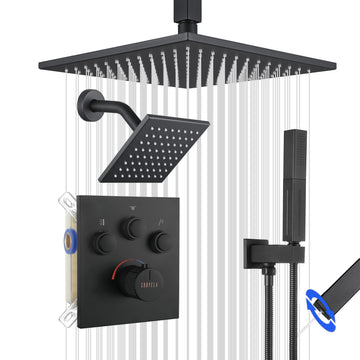 Thermostatic Shower System Matte Black, Push Button Diverter Shower Faucet with 2 in 1 Handheld, Ceiling Mount 12