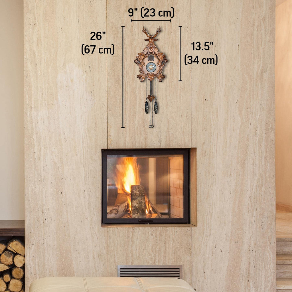 Cuckoo Clock with Automatic Night Mode, Quartz Movement and Carved Deer Head (Brown)
