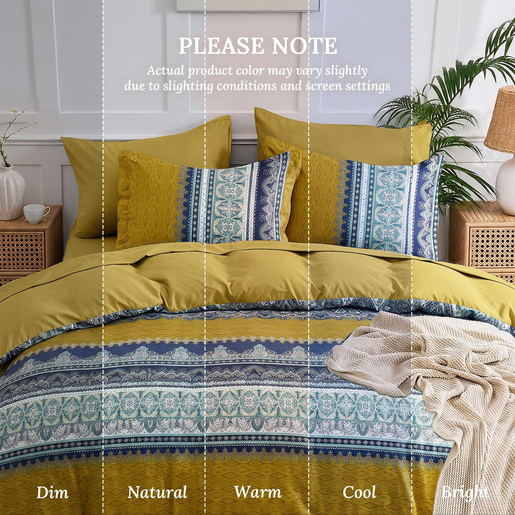 Full Comforter Set 7-Piece, Boho Bed in a Bag, Mustard Yellow