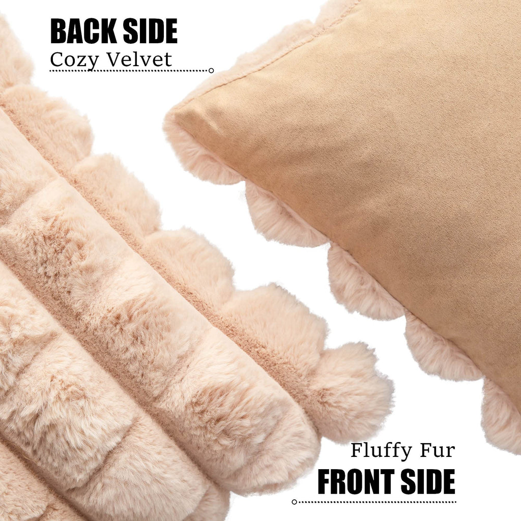 Camel Faux Fur Cozy Soft Plaid Decorative Throw Pillow Covers 16x16 inch Set of 2, Velvet Pillowcase Cushion Case for