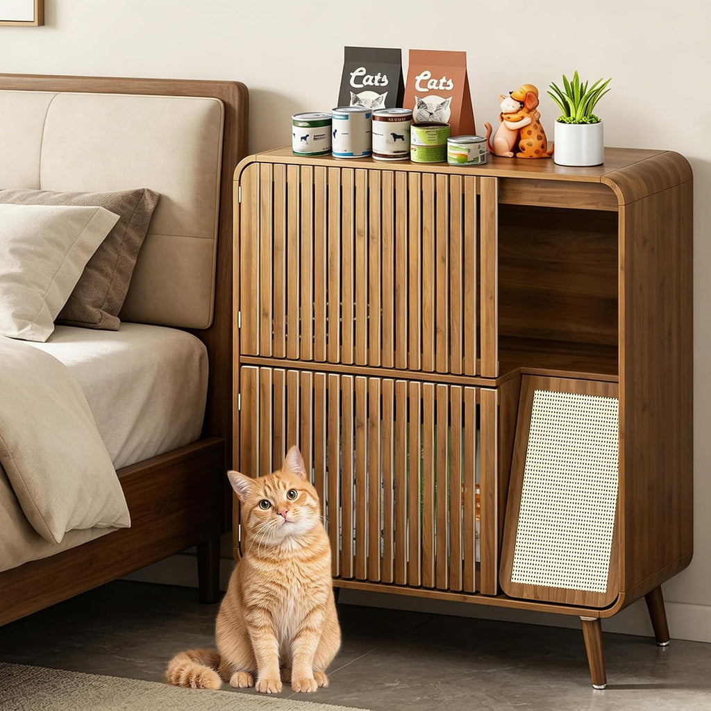 Dog Proof Cat Feeding Station, Pet Feeding Station with Storage, Walnut