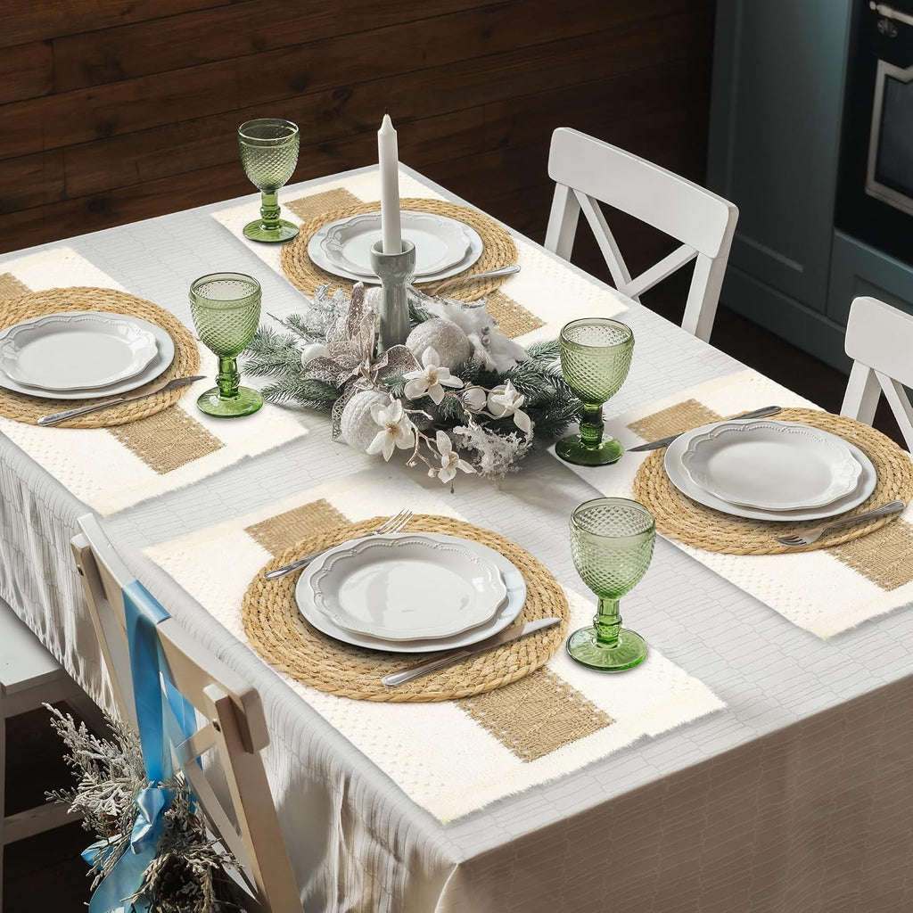 Set Handmade Boho Placemats Natural Cotton Burlap Table Mats, 6 Rectangle with Tassel & 6 Round Bulrush Placemats - Set of 12