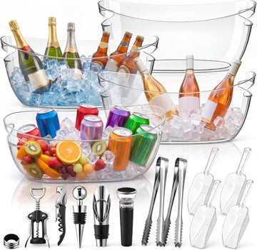 Ice Buckets for Parties Large 5.5L Clear Acrylic Beverage Tubs Portable Cooler Barrel with Scoops Tongs Wine - Set of 4