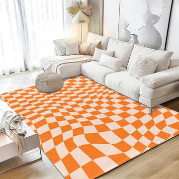 Orange Checkered Area Rug,Autumn Washable Area Rug 5x7 Large Rugs Non-Slip Soft Low Pile Carpet Rug Bedside Dining