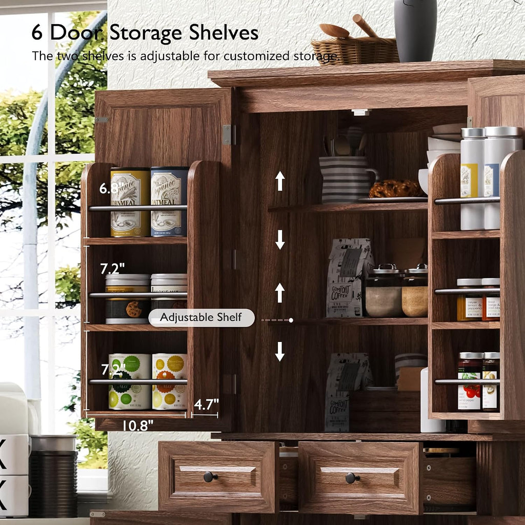 71" Farmhouse Pantry Cabinet with Pull Out Shelves & Drawers | Embossed texture, 3 pull out organizers, 6 door