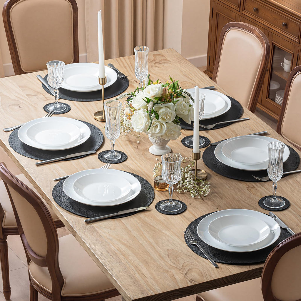 Set of 6 Faux Leather Round Placemats and Coasters, 13''and 3.9'', Black