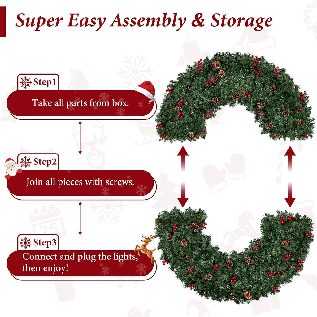 48in Large Artificial Pre-Lit Christmas Wreath, 240 LED Warm White Lights & 630 PVC Tips, Xmas Wreath Holiday Accent