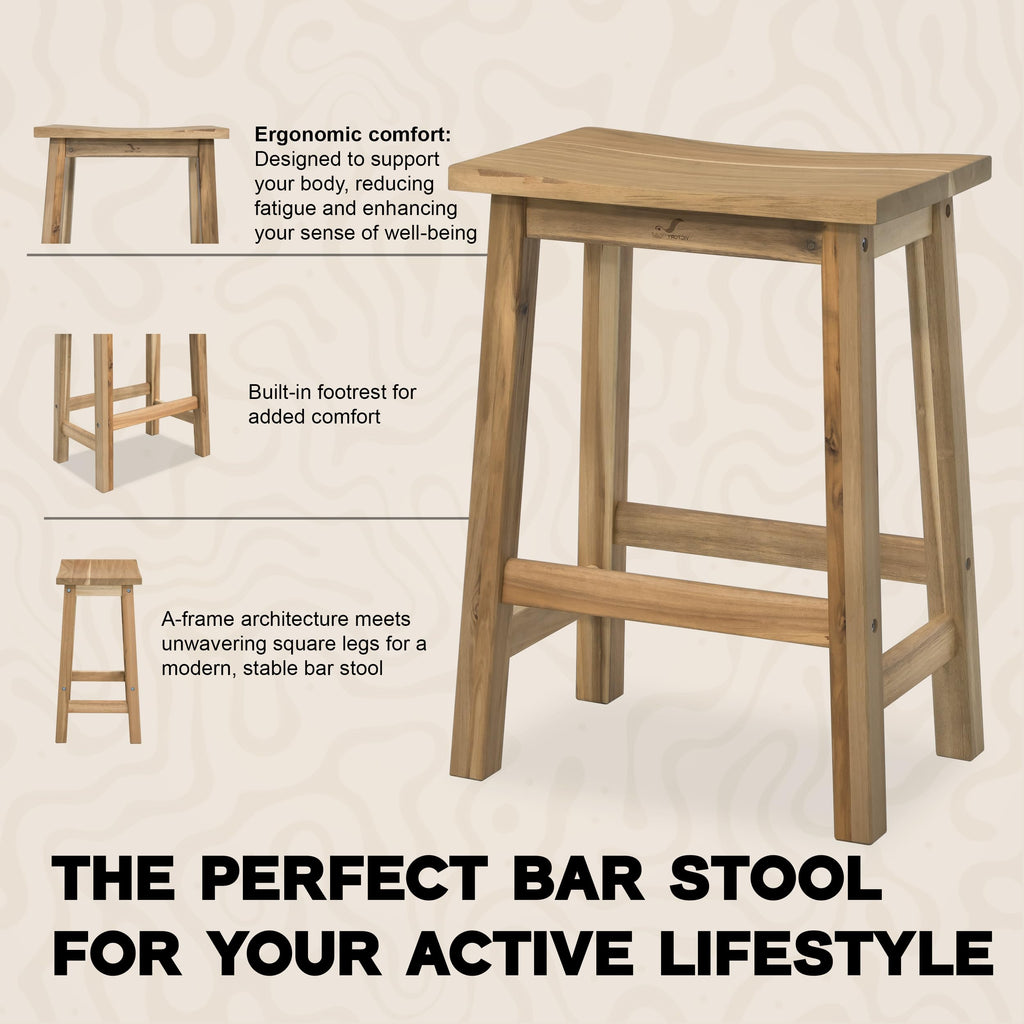 Set 2 Solid Wood Bar Stools, Saddle-Seat Counter Height Stool, White Oak