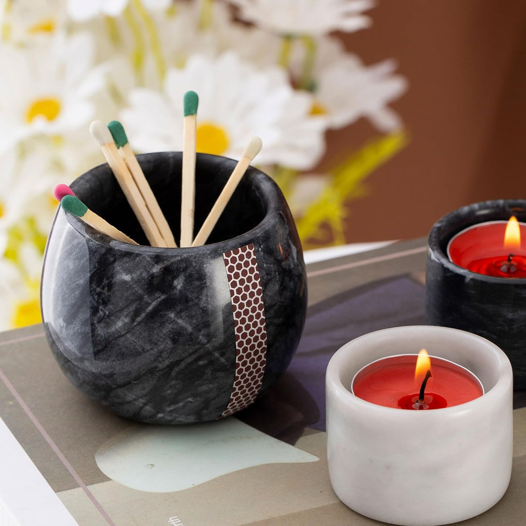 Decorative Marble Match Holder - Matches Box for Long Matches Sticks- Matches in a Jar with Striker(Wooden Matches