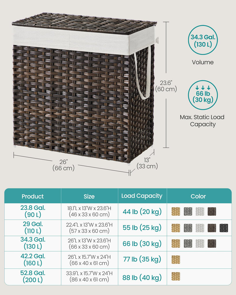 Laundry Hamper with Lid, 130L Double Wicker Basket, 6 Mesh Bags