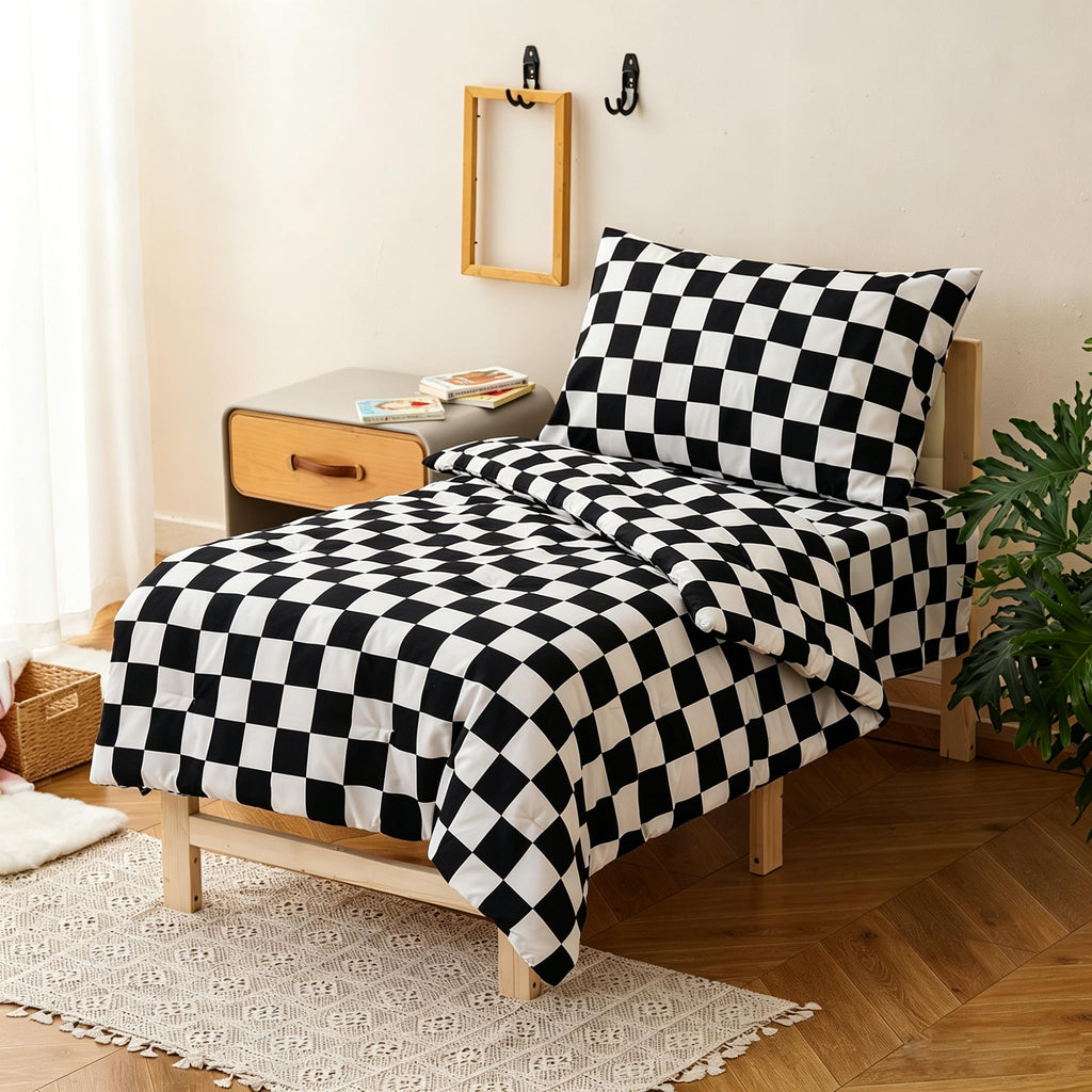 Grid Toddler Bedding Set Black White Checkered 4 Pieces Crib Bed Set Kids Pliad Comforter Set