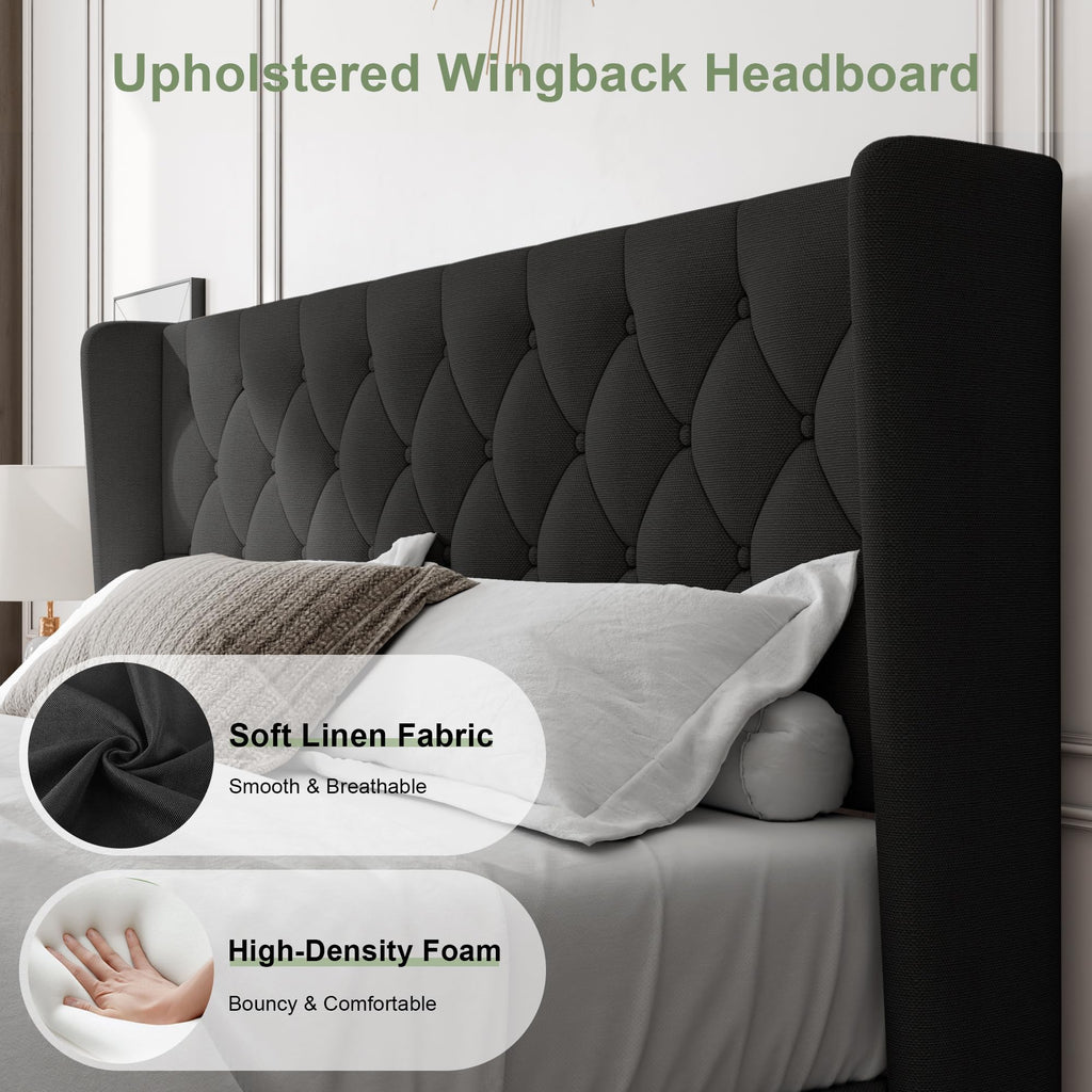 King Size Bed Frame with Wingback Tufted Headboard, Upholstered Platform Bed Frame with Heavy Duty Wooden Slats