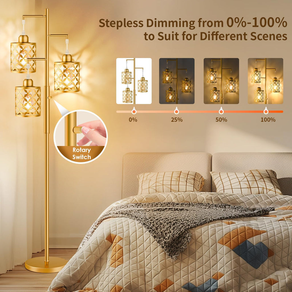72" Modern Tree Floor Lamp, Dimmable Industrial Tall Standing Lamp with Metal Cages & Rotary Dimmer Knob, Corner
