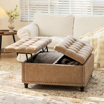 35 Inch Large Square Storage Ottoman, Coffee Table Ottoman, Faux | Lift Top Ottomans Bench Square Footrest Oversized