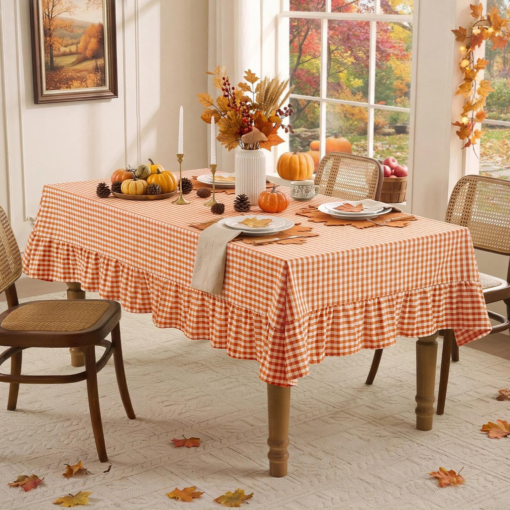 Fall Gingham Ruffled Tablecloth Rectangle, 60 x 102 Inch Orange