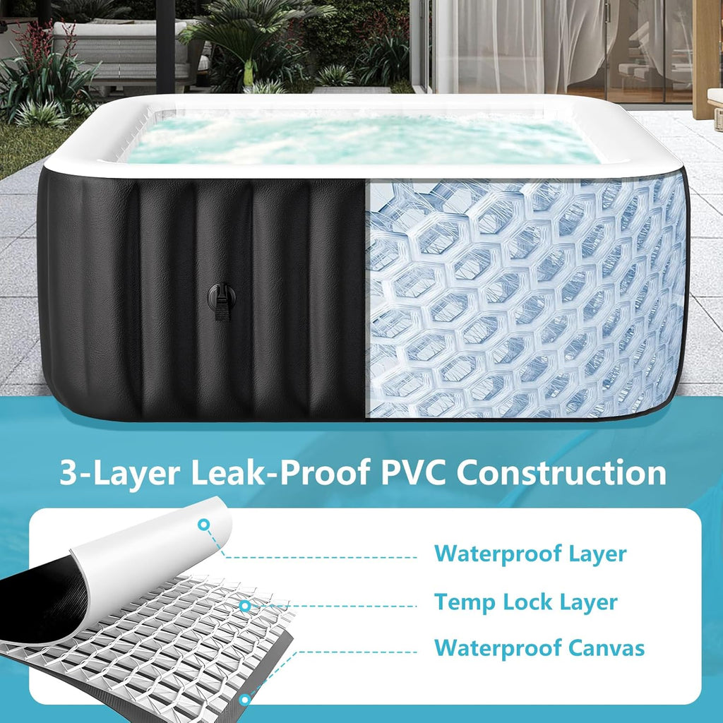 Inflatable Hot Tub, Large Square Portable Blow Up Hot Tub, 2-4 Person Leak-Proof PVC Outdoor Spa with 120 Air Jets
