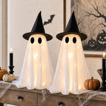 Halloween Decorations Light-Up Ghosts with Witch Hats - Set of 2