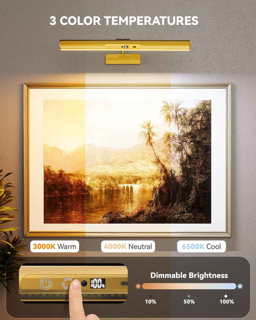 13" Rechargeable Picture Light for Wall with Remote, Gold 2-Pack