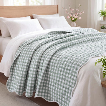 Gingham Quilted Throw Blanket Sage Green Scalloped Blanket