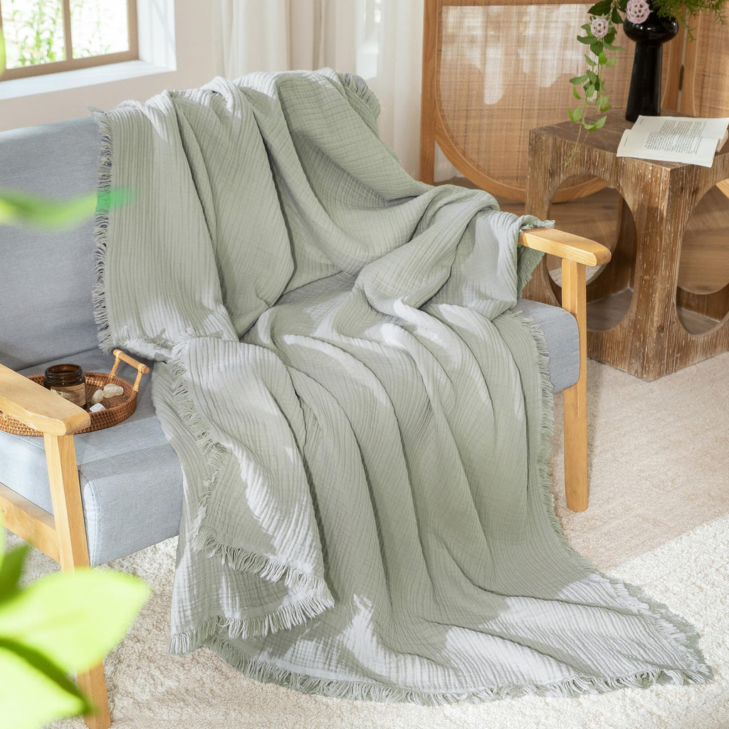 100% Cotton Muslin Blanket, Fringed 4-Layer Gauze Bed Couch Throw