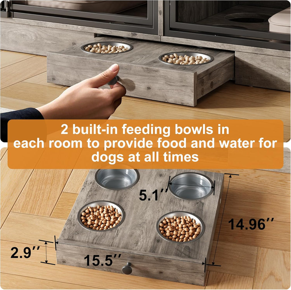 Dog Crate Furniture for 2 Dogs, Dog Kennel Indoor with 4 Storage Drawers and Feeding Bowls