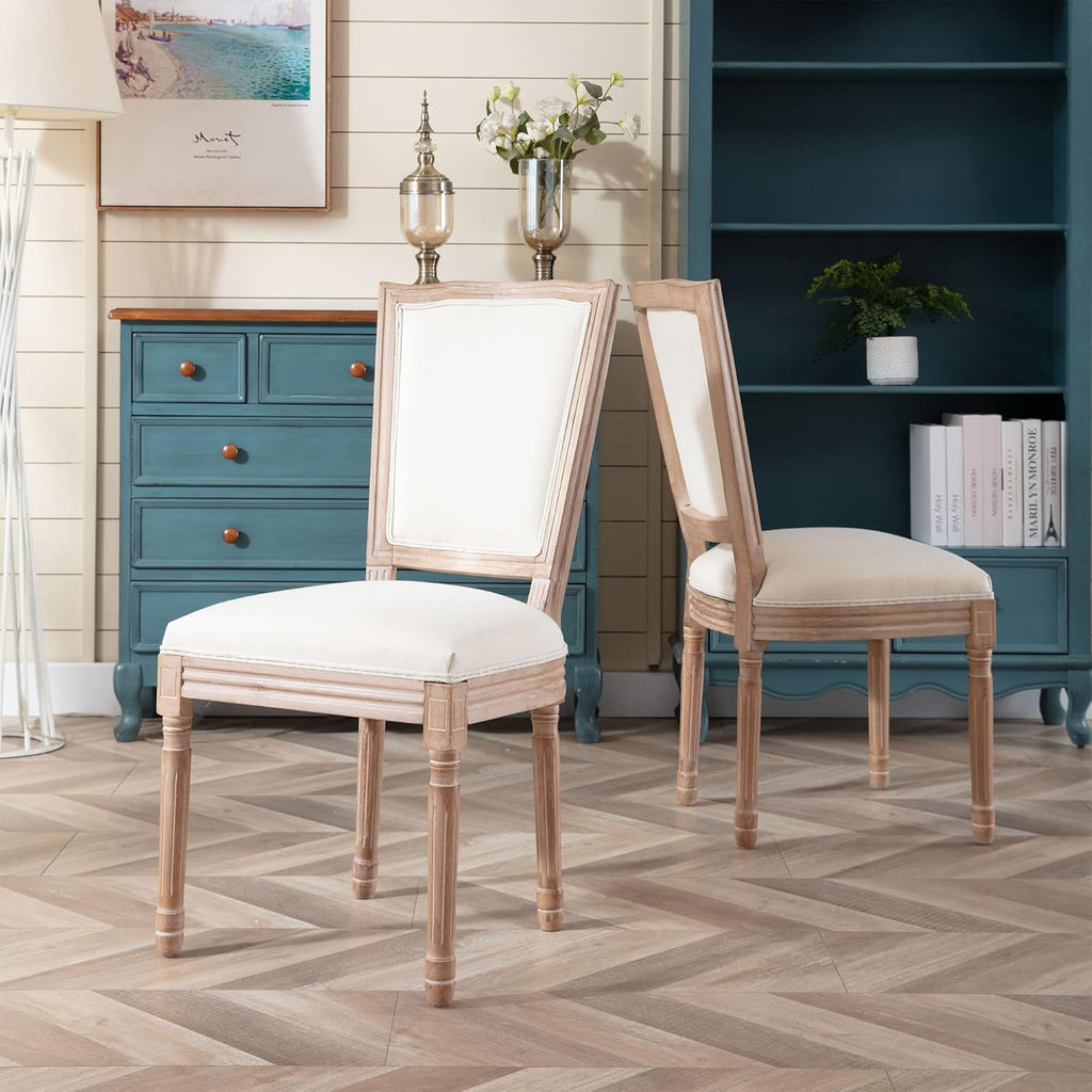 French Country Dining Chairs Set of 2, Vintage Farmhouse Dining Chairs with Round Back, Solid Wood Frame and Upholstered Fabric Seat, Beige