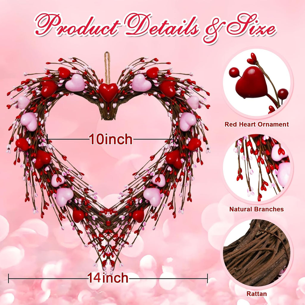 Valentines Day Wreath Decor,14 Inches Artificial Red Pink Berries and Small Pink Hearts,Valentines Wreaths for Front