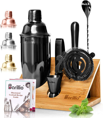 Black Bartender Kit - Stainless-Steel Cocktail Shaker Set w/Bamboo Stand - Mixology Bar Tools w/Shaker, Drink Mixer - Set of 7