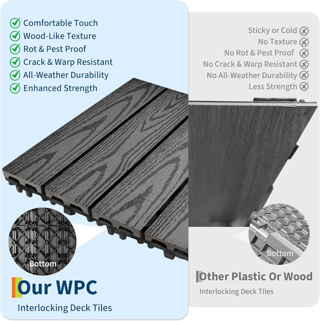 Waterproof Composite Interlocking Deck Tiles 12"X12", All-Weather Wood-Look Snap-Together Flooring for Patio, Balcony