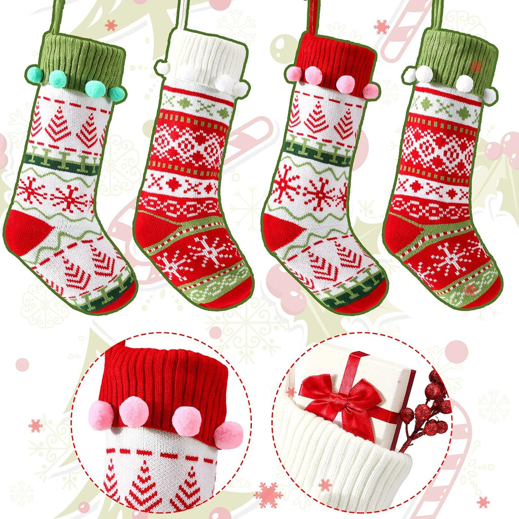 4 Pcs 20" Christmas Stocking with Pompoms Large Knit Xmas Decor