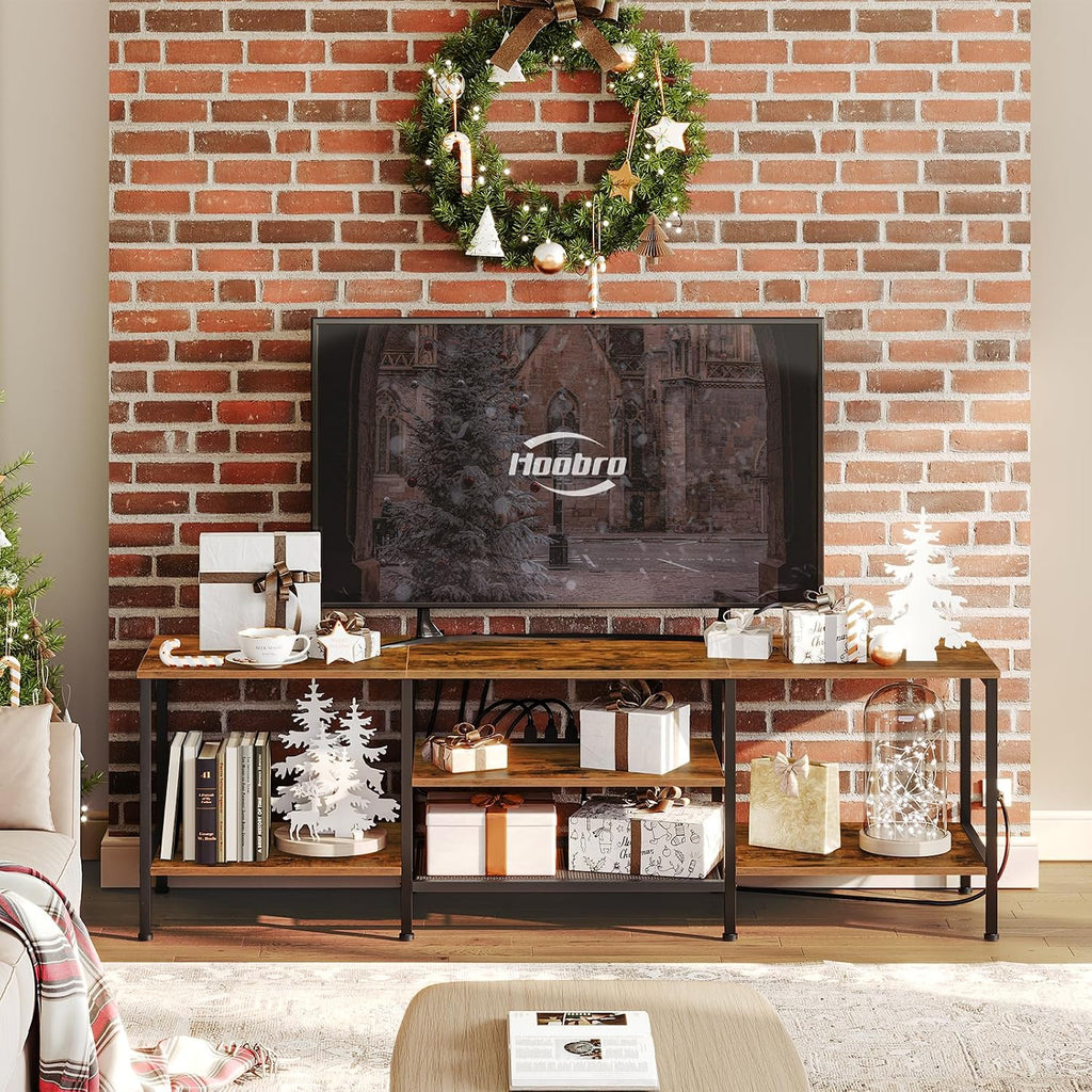 TV Stand with Power Outlets to 75 Inches, TV Console Table with Open Storage Shelves Cabinet, Industrial Media