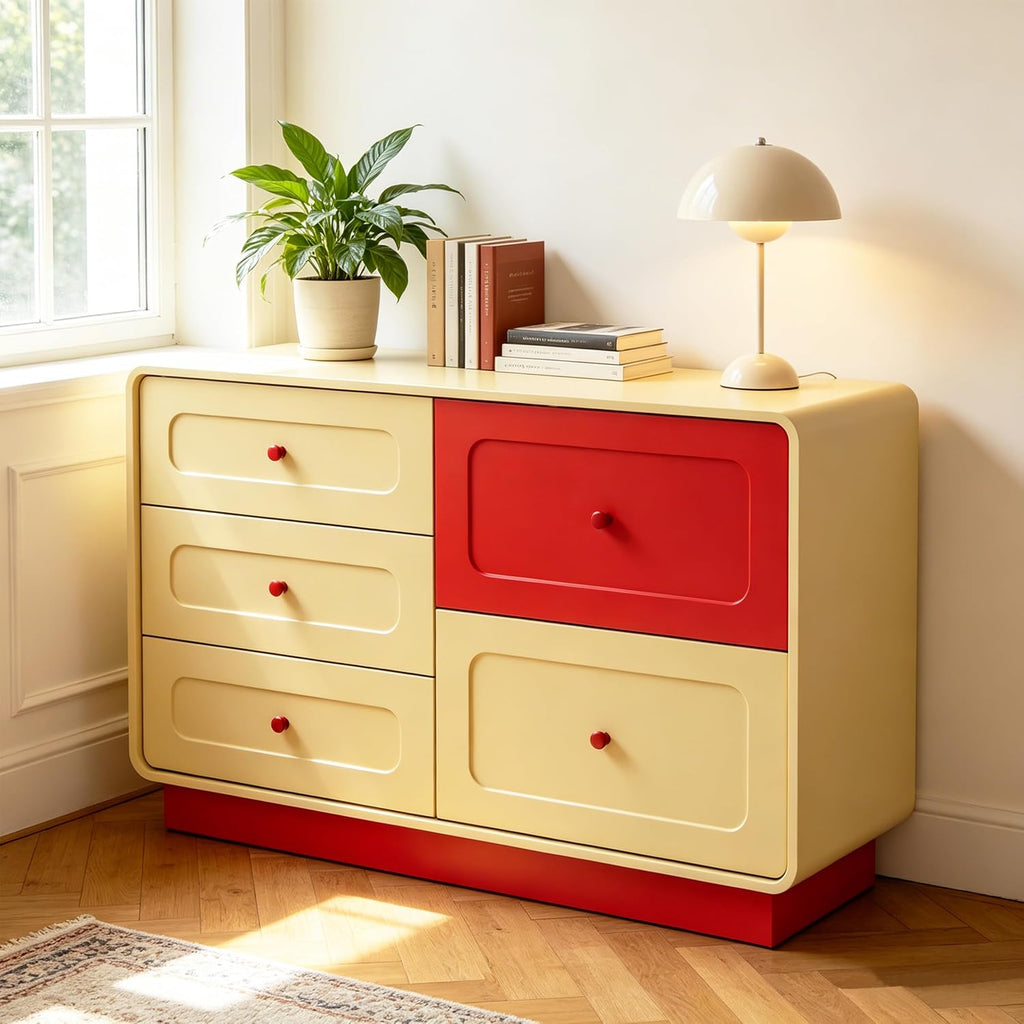 Yellow and Red 5 Drawer Dresser with Large Drawers Curved Edges | Modern Wooden 43.3" Wide Dressers, Storage