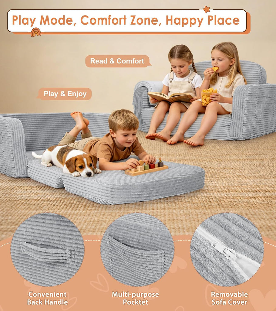 Extra Wide in-1 Convertible Kids Couch | Large Corduroy Toddler Sofa Chair with Storage Pocket & Blanket | Foldable