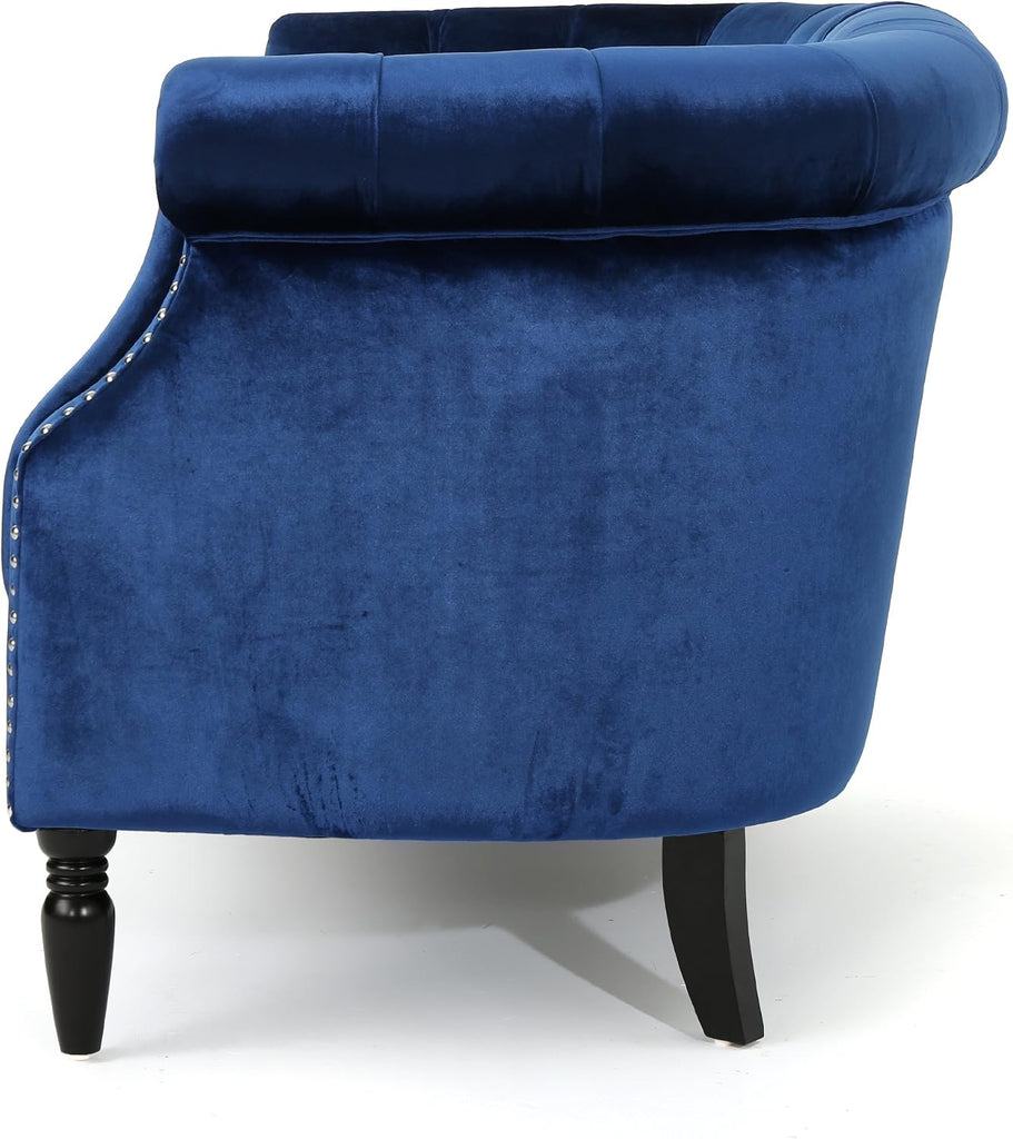Milani Tufted Scroll Arm Velvet Loveseat, Navy Blue / Dark Brown