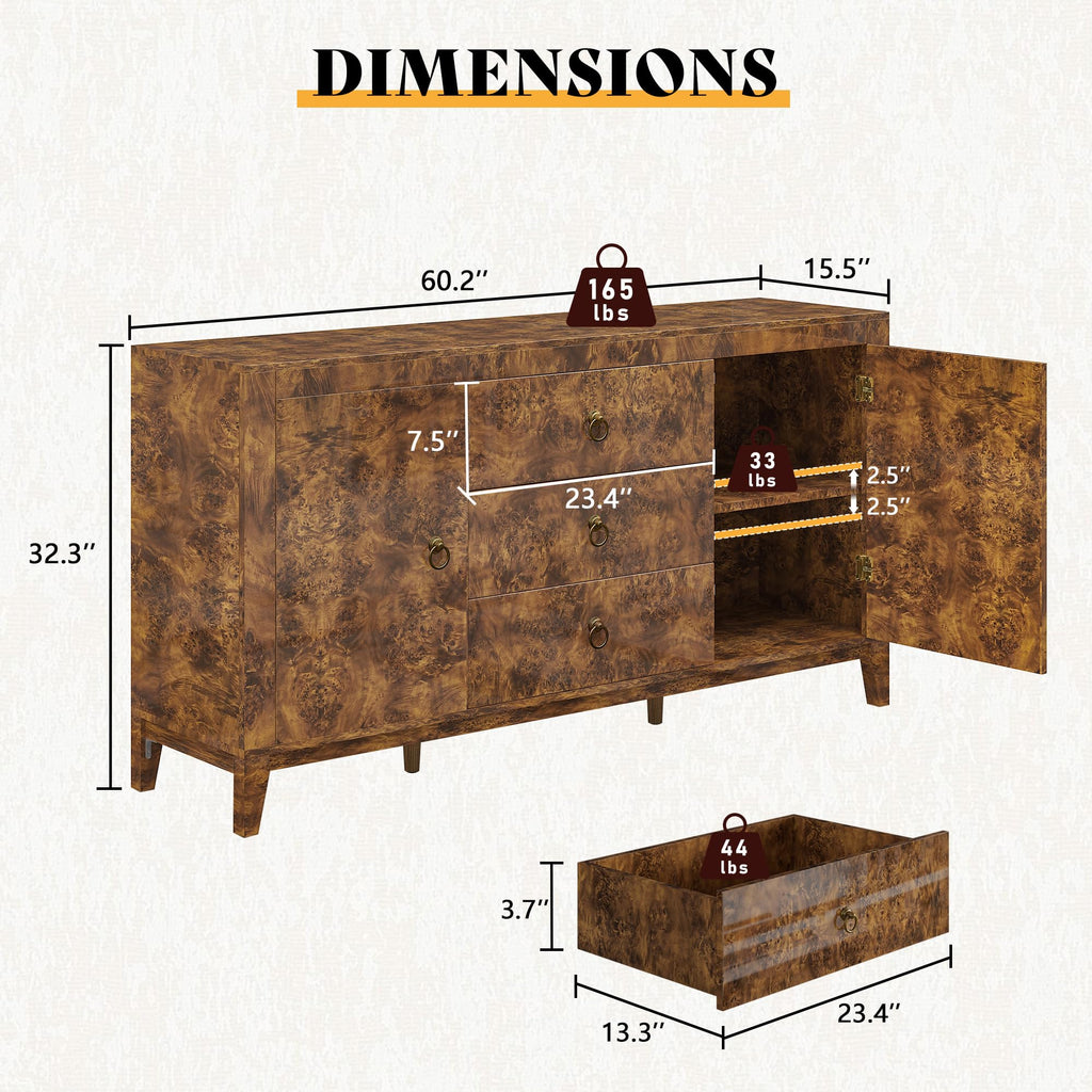 60" High Gloss Burl Buffet Sideboard Storage Cabinet with Drawers