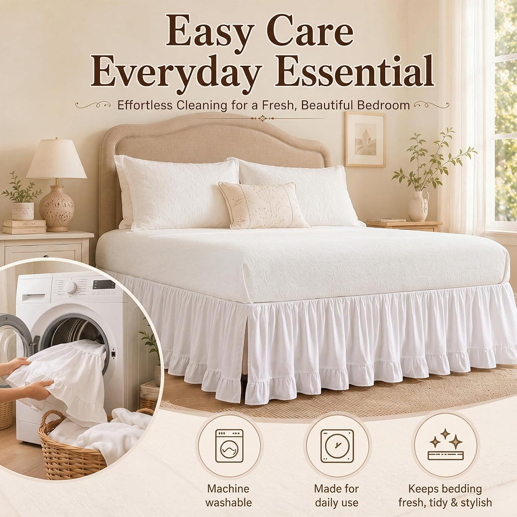 White Ruffled Queen Bed Skirt, 14 Inch Drop, Split Corners, Boho | Fits 60 x 80 in Queen Beds; 3 Sided Coverage;