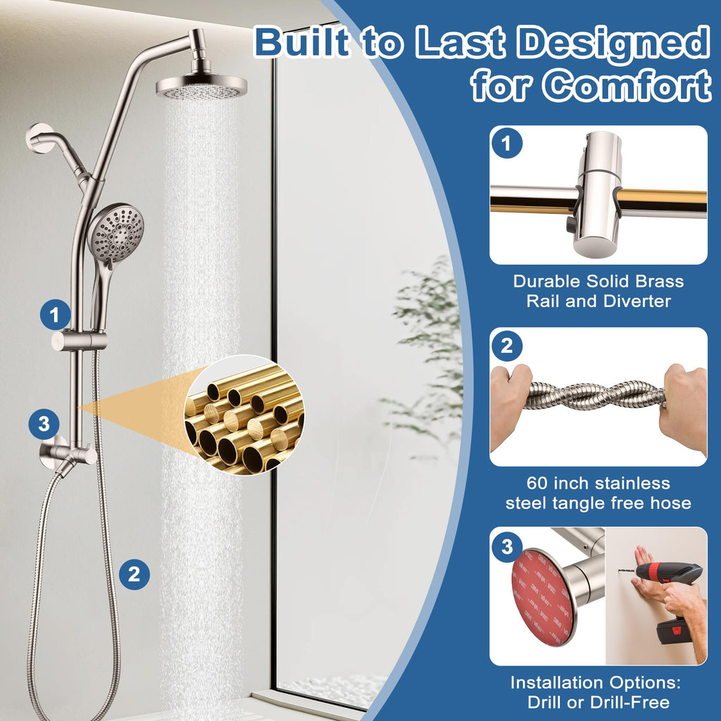 Rain Shower Head with Handheld Combo, Dual Shower System with Slide Bar, Rain Shower System, Adjustable Height, Brass