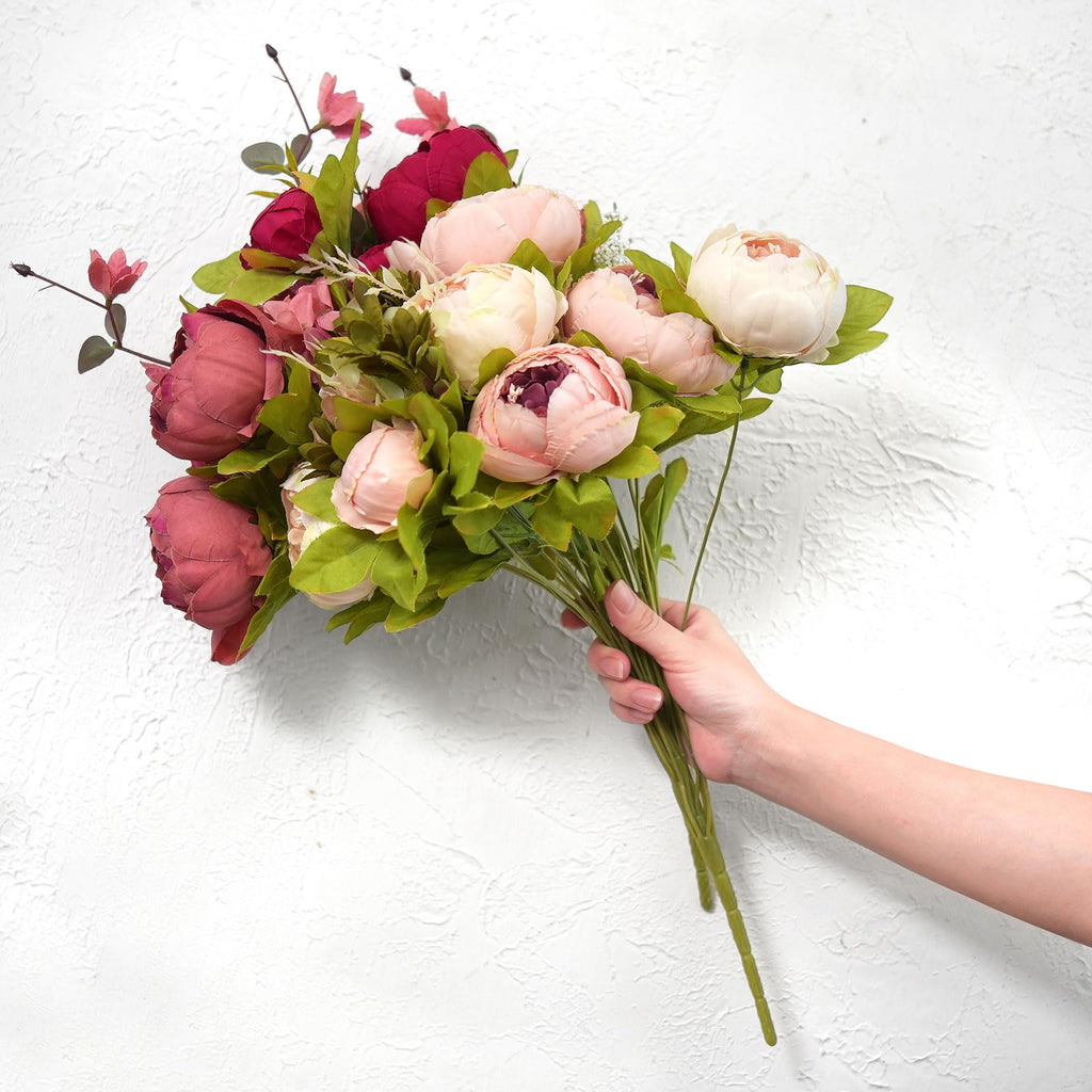 Pinkish Red and Dusty Pink Vintage Artificial Peonies Silk Flowers and Hydrangeas for Wedding Bridal Home Decor