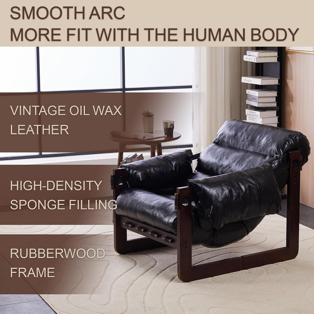 25.6" Lounge Chair with Removable Armrests, Vintage Oil Wax Leather Accent Chair, Mid-Century Modern Style, Antique